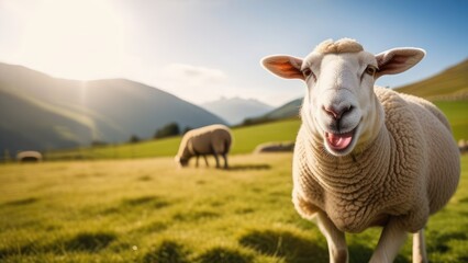 Fototapeta premium A cheerful and funny sheep is grazing on the lawn