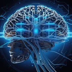 Illuminated Neural Pathways, Digital Brain Representation, Cognitive Science Visualization,Neural chip.