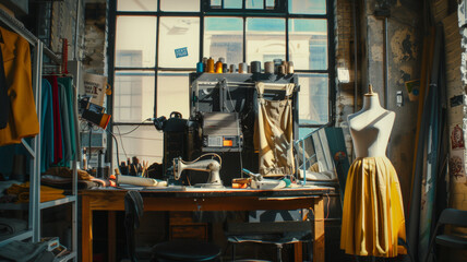 A tidy, well-lit tailor's workshop reveals the creative chaos of fashion design.