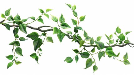 Lush Twisted Jungle Branch, Realistic Digital Illustration of Exotic Plant on White Background