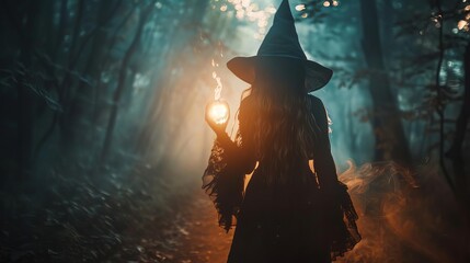 Mystical Witch Conjuring Spells in Dark Enchanted Forest on Halloween Night, Fairy Tale Magic