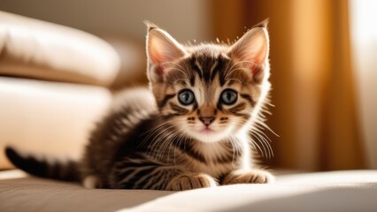 A fluffy kitten is playing in a bright room