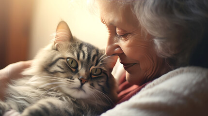 Old woman hugs her cat close-up portrait. Friendship and tender feelings between human and animal concept. AI generated illustration.