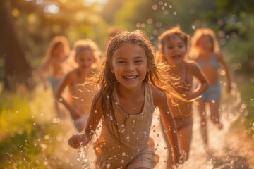 Young Girls Running Through Water