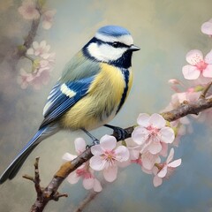 Portrait in drawing style of a blue tit bird sitting on a branch of a blossoming cherry tree.
