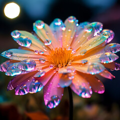 close up of rain drop on fluorescent flower, light rain background created with Generative Ai