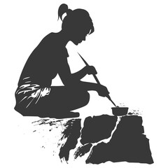 Silhouette woman stone carving artist in action black color only