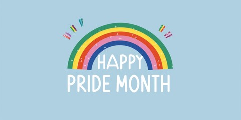 Pride Day themed graphic with rainbow and the text "HAPPY PRIDE MONTH" in white on light blue background Isolated design element for pride celebration, banner template Generative AI