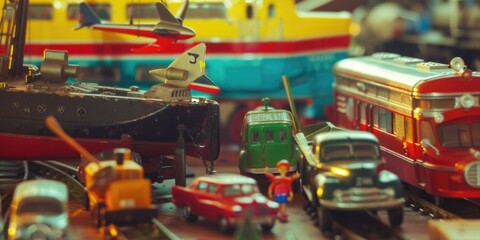 A collection of vintage toy trains and cars are neatly arranged on a tabletop. The colorful vehicles vary in size and design, showcasing intricate details and craftsmanship. These nostalgic playthings