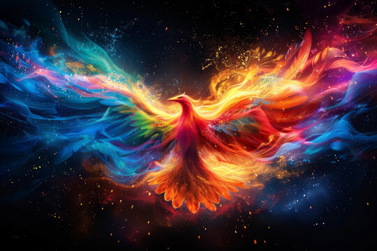 Vibrant Phoenix Rising in Cosmic Space with Colorful Flames and Stars.