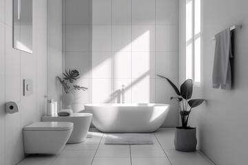 Sleek, minimalist bathroom captured in photorealistic detail, radiating calm and cleanliness.




