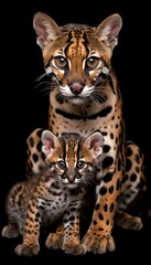 Male margay and margay kitten portrait with ample space on the left for text placement
