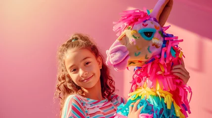 Selbstklebende Fototapeten Young Mexican girl holding colorful llama toy on sunny background, Cinco de Mayo holiday concept, copy space. © Maria Shchipakina