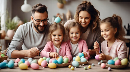 Happy family with little kids decorating easter eggs generative AI