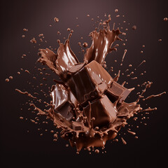 Fototapeta premium Large chocolate splash with chocolate cubes. Food flavour concept art. 