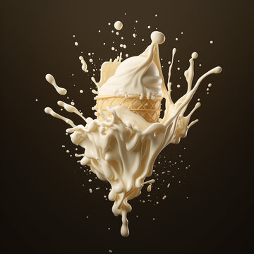 Large vanilla splash with cream and cone. Food flavor concept art. 