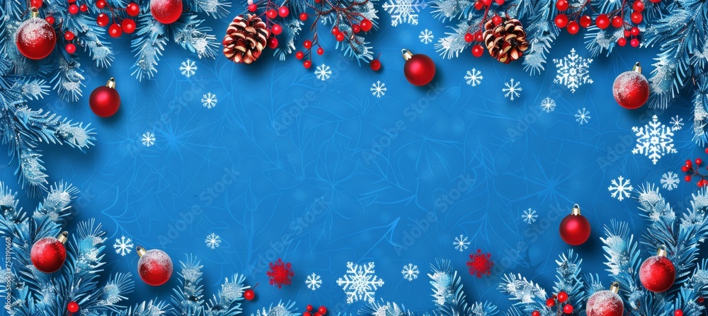 Poster festive christmas background featuring spruce branch and snowflakes frame with ample space for text