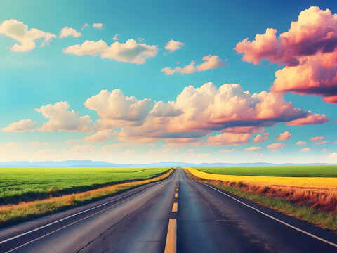 Illustration image of a landscape with country road, empty asphalt road on blue cloudy sky background. Multicolor vibrant outdoors horizontal image design.