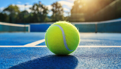 Tennis ball on court. Blue surface. Racket sport
