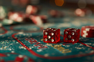 A fallen glass of champagne with red dice scattered across the table. Close up of a set of dice for craps, roulette, poker on a red gaming table in a casino. Gambling background.