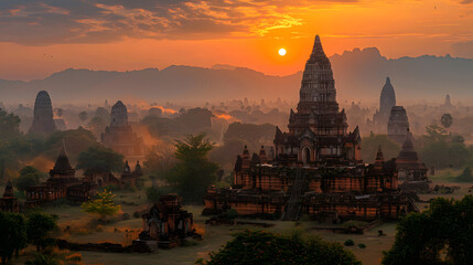 A photo of the Ayutthaya Historical Park, with ancient ruins amidst the landscape, during a golden sunset