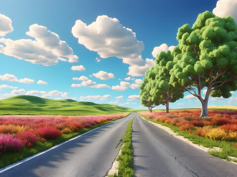 Illustration image of a landscape with country road, empty asphalt road on blue cloudy sky background. Multicolor vibrant outdoors horizontal image design.