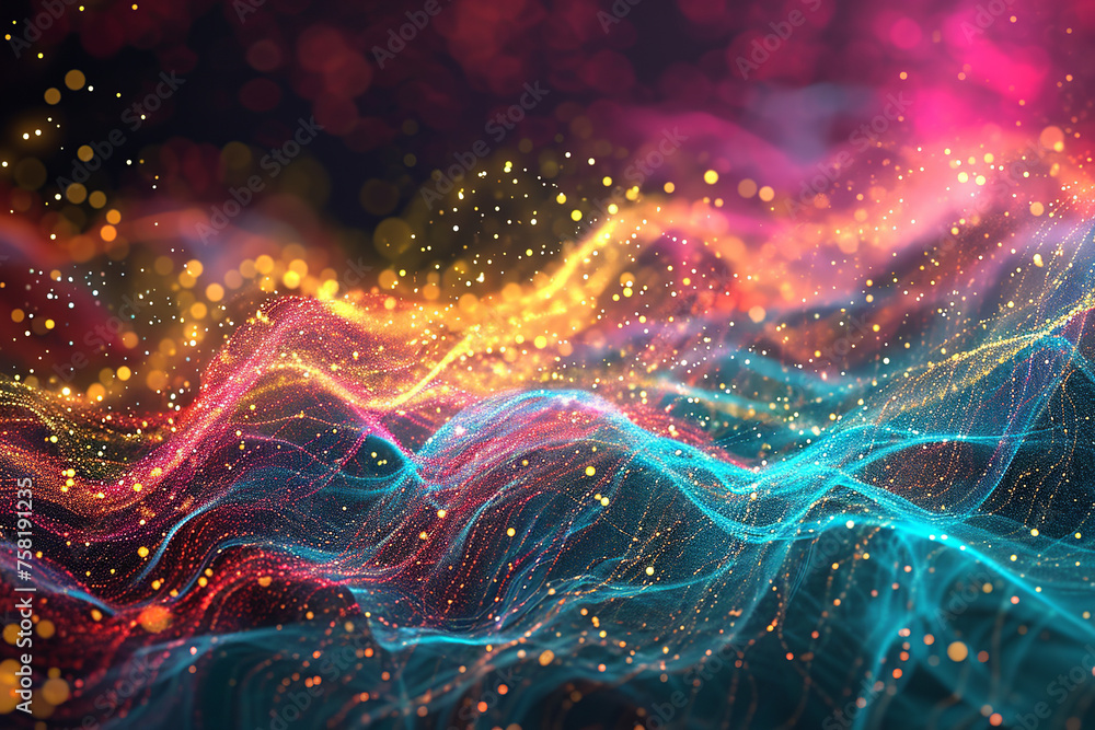Poster abstract particles, futuristic background and glow with wave surface, wallpaper and smooth designs f