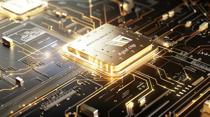 electronic circuit board, a gold chip is placed on a circuit board and below it is the word "AI" with a black background and gold scheme. The logo features gold lines and metallic texture. 