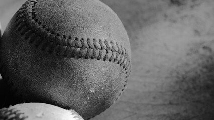 Old leather baseballs in black and white for vintage sports background. - 758191245