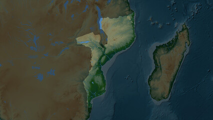 Mozambique highlighted. Physical elevation map