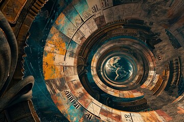 A man stares in awe at a time machine portal, encapsulating a surreal and futuristic atmosphere. Ideal for sci-fi, time travel, and exploratory themes. - obrazy, fototapety, plakaty