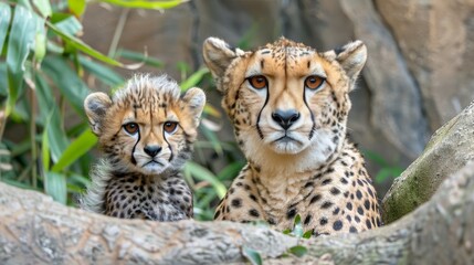 Male cheetah and cub portrait with ample space on left for text, object on right side