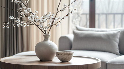 Elegant Simplicity: Neutral Modern Interior Accentuated by a Vase with Beautiful White Blossoms, Infusing Serenity and Grace