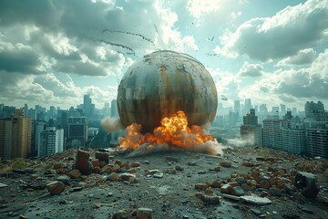 Exploding globe in ruined cityscape
