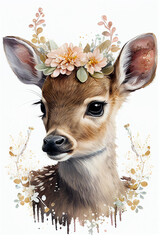 Cute deer portrait with flowers crown. Watercolor baby animal print. Beautiful wildlife animal cartoon drawing poster. Funny mammal character nature wild. Watercolor baby deer.  Ai created