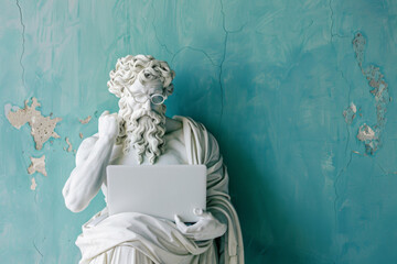 Statue of a Greek philosopher holding a laptop on a turquoise wall background.