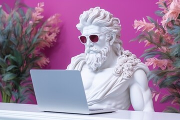Sculpture of a man with a laptop on a pink background