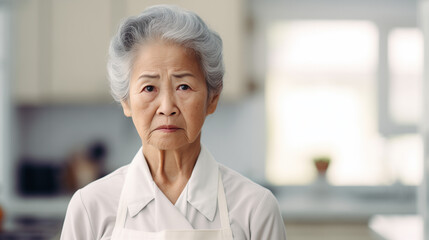 Old japanese lady wearing apron with sad expression. Japanese, housekeeping. 