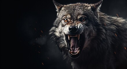 angry wolf on dark background with copy space