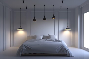 A photorealistic front shot reveals a minimalist bedroom, where