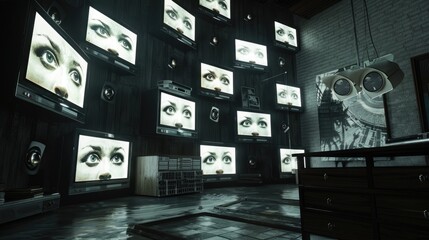 eyes in monitor on a wall, many televisions built into a wall watching surveillance footage,...