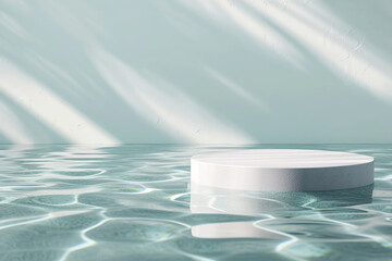 White platform podium circle with blue water ocean cool sea. Empty white podium stand on abstract pure water background.