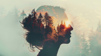 Nature Within: Double Exposure Artistry Blending Woman's Profile with Enchanting Forest Landscape