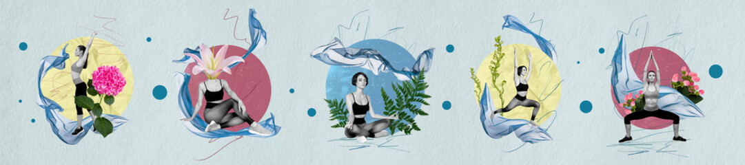 Creative collage image of young girls yoga meditation relax flowers nature spiritual lightness...