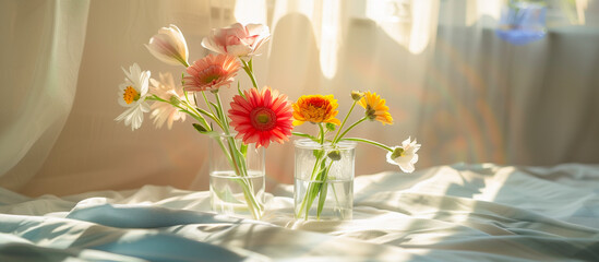 wild flowers in water glass vase in cozy living room. spring summer concept background