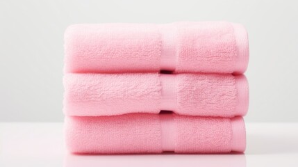 Obraz na płótnie Canvas Pink cotton towels on a white background. Bathroom decor and accessories.