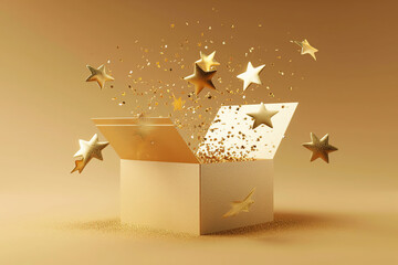 Open box with five stars. Open gift box five star service rating. Star decorations spilling out of...