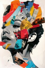 A collage of a woman's face with a lot of papers on her head.