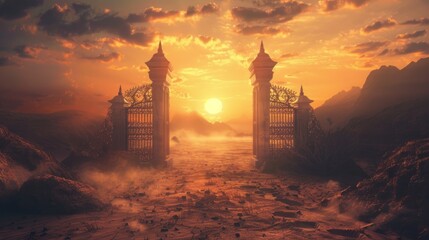 Golden sunset casting radiant glow over enchanting desert landscape with mystical gate portal to alternate realm
