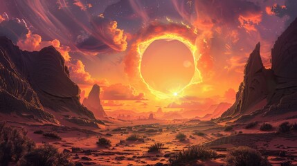 Golden sunset casting radiant glow over enchanting desert landscape with mystical gate portal to...
